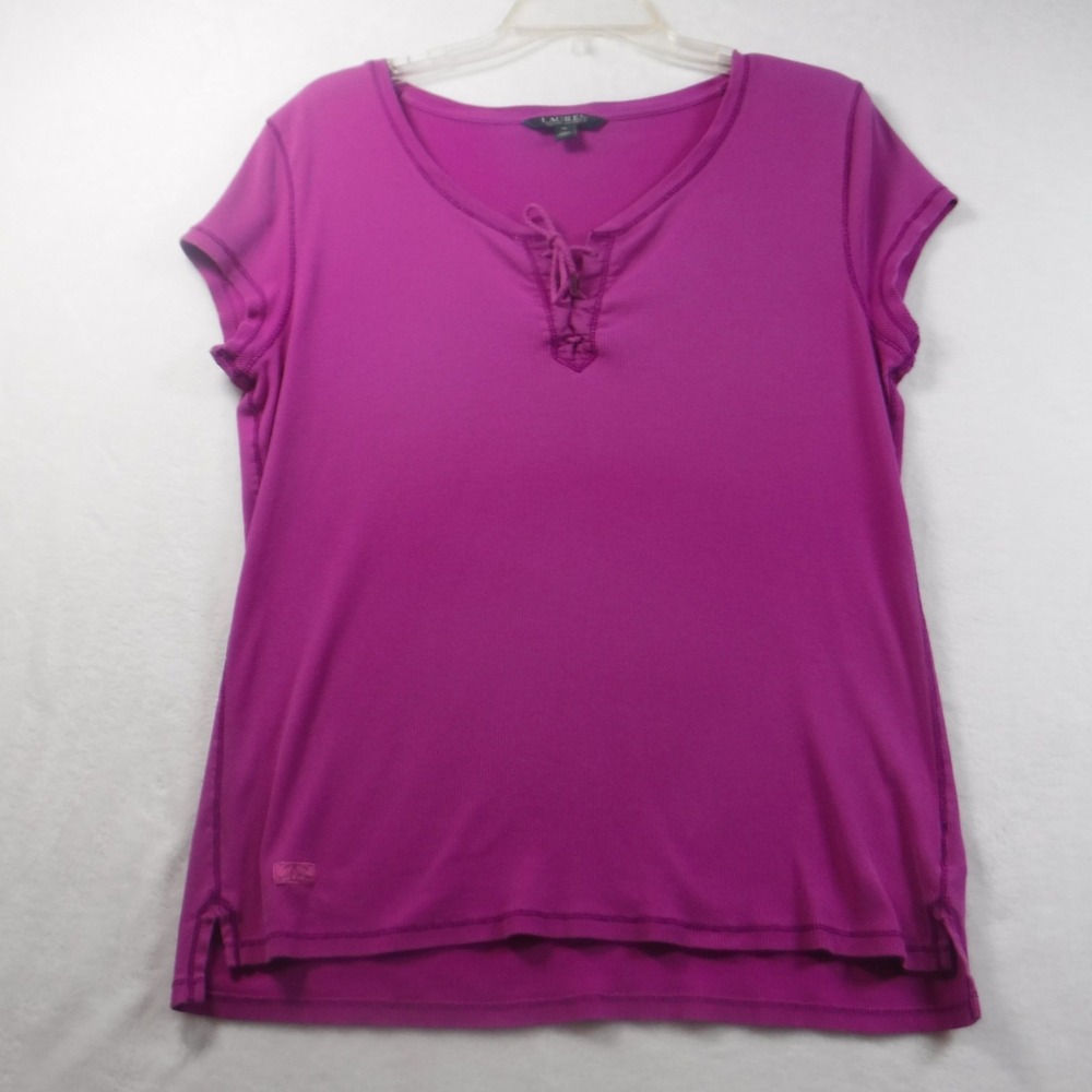 Lauren Ralph Lauren Magenta Purple Ribbed Lace Up V-Neck Top XL Short Sleeve